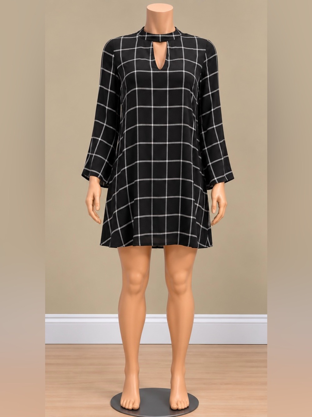 LOFT Black White Windowpane Plaid Keyhole Bell Sleeve Shift Mini Dress XS